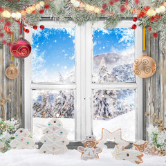 Wall Mural - christmas old white window with decorations.
