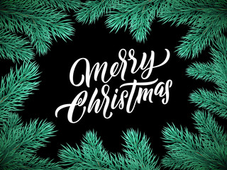 Leinwandbilder - Christmas card lettering on black background with green Christmas tree branches frame