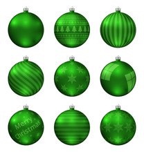 Green Christmas Balls Isolated On White Background. Photorealistic High Quality Vector Set Of Christmas Baubles. Different Pattern.