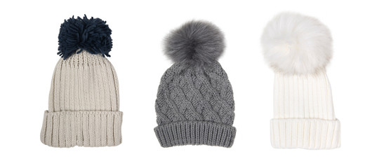 three female winter hat with pompom isolated on white