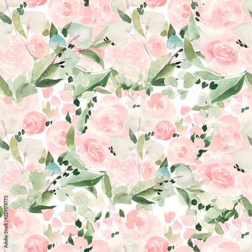 Beautiful bright watercolor pattern with roses and leaves.