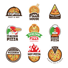 Pizzeria Logo. Italian Pizza Ingredients Restaurant Cook Trattoria Lunch Colored Vector Labels Or Badges. Italian Food Logo For Restaurant Pizzeria Illustration