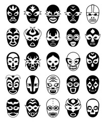 Canvas Print - Fighters masks. Mexican lucha libre silhouettes of vector masked luchador isolated. Collection of mask wrestling mexican, wrestler luchador fighter illustration