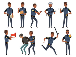 Sticker - Police characters. Patrol policeman security authority mascots in action poses vector cartoon illustration. Cop police, male patrol uniform