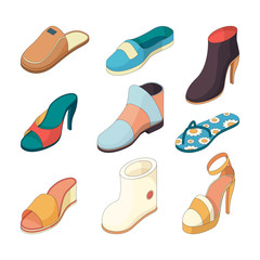 Poster - Shoes man woman. Casual clothes boots model slipper shoe from leather vector isometric illustrations. Footwear shoe collection, model fashionable female