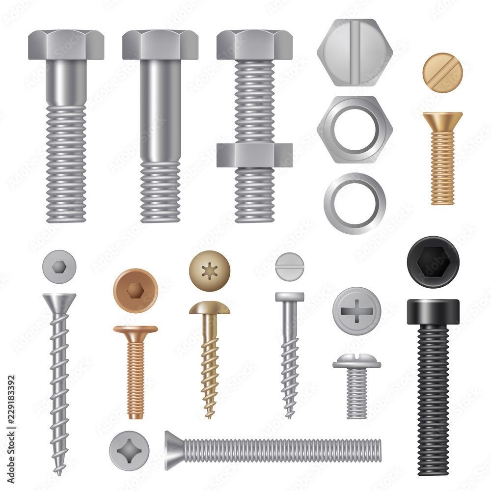 Steel screws bolts. Vise rivets metal construction hardware tools vector realistic pictures. Steel bolt and rivet, screw hardware illustration - obrazy, fototapety, plakaty 