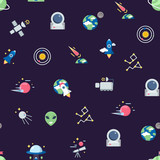 Fototapeta Kosmos - Vector flat space icons pattern or background illustration. Universe galaxy with star and rocket, seamless background