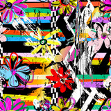 Fototapeta Młodzieżowe - seamless geometric pattern background, retro/vintage style, with stripes, flowers, strokes and splashes