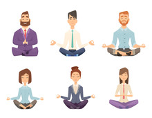 Businessman Yoga. Man And Woman Relaxing Meditation At Workspace Table Vector Concept Cartoon Illustration. Pose Yoga, Relax And Meditation