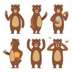 Wall Mural - Brown bear cartoon. Wild animal standing at different poses nature characters vector collection. Illustration of brown bear happy, wild character animal
