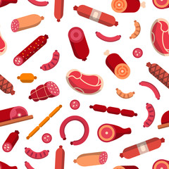 Wall Mural - Vector flat meat and sausages icons pattern or background illustration. Seamless pattern sausage and meat food, sirloin and salami