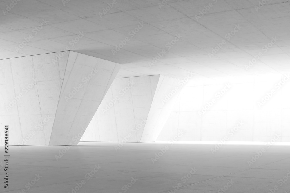 Abstract Empty space with white wall. Modern blank showroom with floor. Future concept. 3d rendering. - obrazy, fototapety, plakaty 