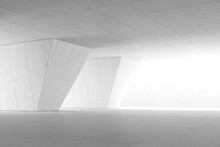 Abstract Empty Space With White Wall. Modern Blank Showroom With Floor. Future Concept. 3d Rendering.