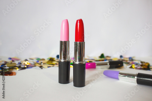 Fotografía Set of multicolored lipsticks on a blurred background