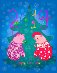 Christmas card with the image of two small cute pigs, hanging from mittens over the tree and congratulating each other.