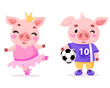 Set of cute cartoon pigs. Piggy football player with the ball, piggy princess with a crown. Vector illustration for calendar, card, banner, postcard and printable. Chinese New Year.