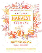Autumn Harvest Festival Poster With Harvest Symbols, Leaves And Floral Elements In Fall Colors.Harvest Fest Design Perfect For Prints, Flyers,banners,invitations And More.Vector Autumn Illustration.