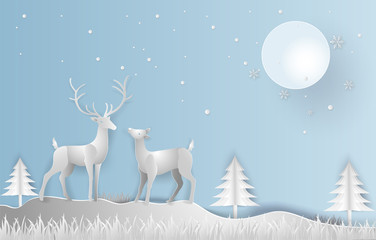 Wall Mural - Illustration paper art style of Winter season and beautiful of reindeer with landscape background. Merry Christmas and Happy New Year.