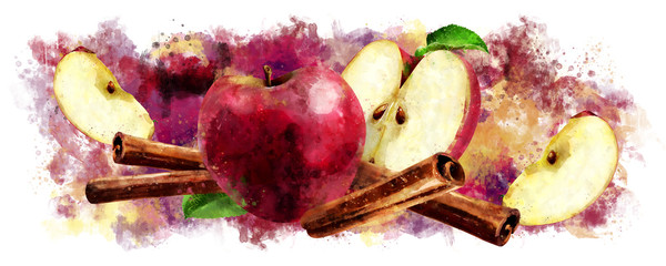 Watercolor cinnamon and red apples on white background