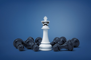 Poster - 3d rendering of white chess king with painted glasses and moustache stands surrounded by fallen black pawns.