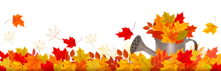 Poster - Autumn nature panorama with colorful leaves and watering can. Vector