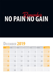 December. Calendar Planner 2019 with motivational quote on black background. Vector illustration.