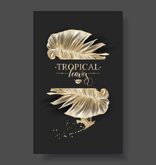 Wall Mural - Vector banner with gold tropical leaves and splashes on dark background. Luxury exotic botanical design for cosmetics, spa, perfume, aroma, beauty salon. Best as wedding invitation card