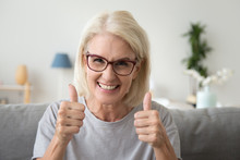 Excited Mature Woman In Glasses Sit On Couch At Home Showing Thumbs Up Satisfied With Service, Smiling Elderly Female Make Like Gesture Recommending Something, Satisfied With Choice Or Decision