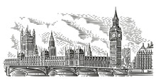 London Cityscape Vector Illustration, Engraving Style. Westminster Palace, Westminster Bridge, Elizabeth Tower (Big Ben). Isolated. (Sky Background In Separate Layer). 