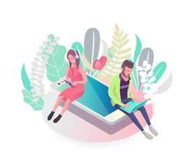 Wall Mural - Isometric concept with mobile phone and people. Online dating and virtual communication.