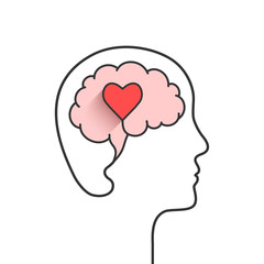 human head and brain silhouette with heart shape as love, mental health or emotional intelligence co