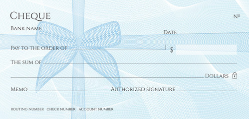 Check, Cheque (Chequebook template). Guilloche pattern with blue bow watermark. Background hi detailed for banknote, money design, currency, bank note, Voucher, Gift certificate, Money coupon