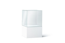 Blank White Glass Box Podium Mockup, Isolated, 3d Rendering. Empty Transparent Showcase Mock Up, Side View. Clear Exhibition Cube For Museum Or Store. Cube Acrylic Template. Display Cabinet For Expo.