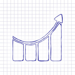 Poster - Growing bars graphic with rising arrow icon. Hand drawn picture on paper sheet. Blue ink, outline sketch style. Doodle on checkered background