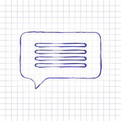 Poster - message cloud icon. Hand drawn picture on paper sheet. Blue ink, outline sketch style. Doodle on checkered background