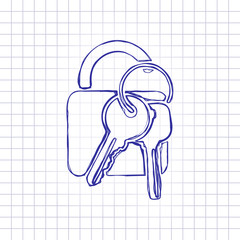 Poster - unlock and keys icon. Hand drawn picture on paper sheet. Blue ink, outline sketch style. Doodle on checkered background