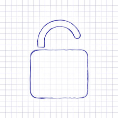 Poster - unlock icon. Hand drawn picture on paper sheet. Blue ink, outline sketch style. Doodle on checkered background