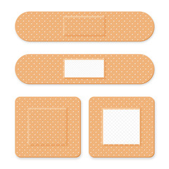 medical patch, adhesive bandage. set of elastic medical plasters in different shapes. realistic firs
