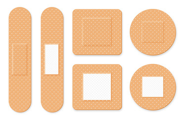 medical patch, adhesive bandage. set of elastic medical plasters in different shapes. realistic firs