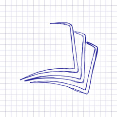 Poster - sheet of book, paper. Hand drawn picture on paper sheet. Blue ink, outline sketch style. Doodle on checkered background