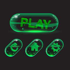 Set of buttons in the form of green transparent capsules for game interfaces. Vector GUI elements for mobile games. Isolated on dark background