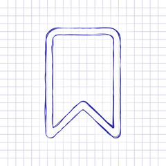 Poster - simple outline bookmark. Hand drawn picture on paper sheet. Blue ink, outline sketch style. Doodle on checkered background