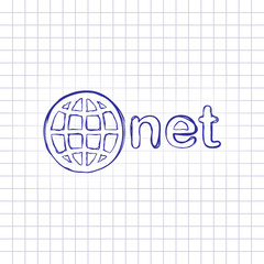 Poster - one of main domains, globe and net. Hand drawn picture on paper sheet. Blue ink, outline sketch style. Doodle on checkered background