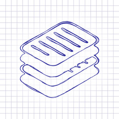 Poster - stack of papers, simple symbol or icon. Hand drawn picture on paper sheet. Blue ink, outline sketch style. Doodle on checkered background