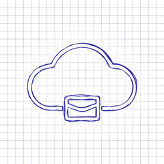 Poster - cloud mail, simple linear icon with thin outline. Hand drawn picture on paper sheet. Blue ink, outline sketch style. Doodle on checkered background
