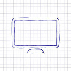 Poster - Computer monitor or modern TV. Simple icon. Hand drawn picture on paper sheet. Blue ink, outline sketch style. Doodle on checkered background