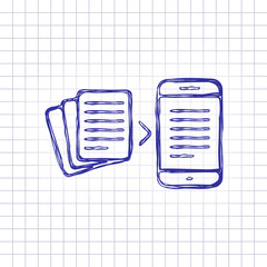 Poster - Convert to electronic document. Hand drawn picture on paper sheet. Blue ink, outline sketch style. Doodle on checkered background