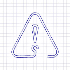 Poster - exclamation mark in warning triangle. linear symbol with thin outline. one line style. simple icon. Hand drawn picture on paper sheet. Blue ink, outline sketch style. Doodle on checkered background