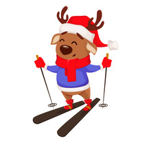 Merry Christmas. Cute Deer Wearing Santa Claus Hat