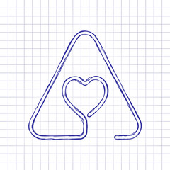 Poster - Heart in warning triangle. Linear icon with thin outline. One line style. Hand drawn picture on paper sheet. Blue ink, outline sketch style. Doodle on checkered background